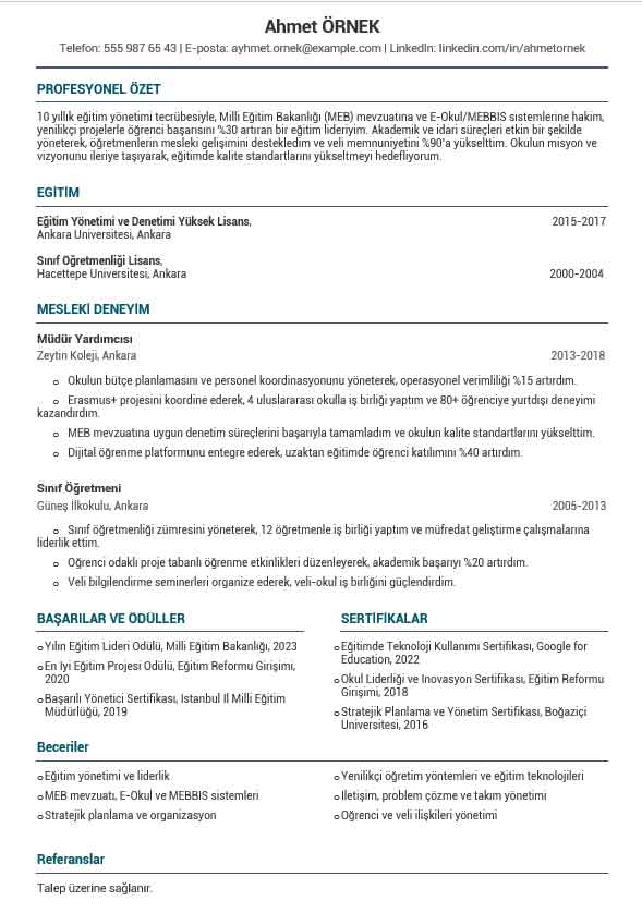 Deneyimli Öğretmen CV | PDF Word CV Deneyimli Öğretmen CV örneği resmi